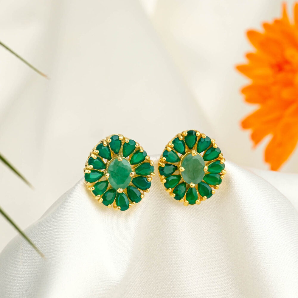 Gold plated sterling silver flower stud earrings with oval emerald center and green agate petals
