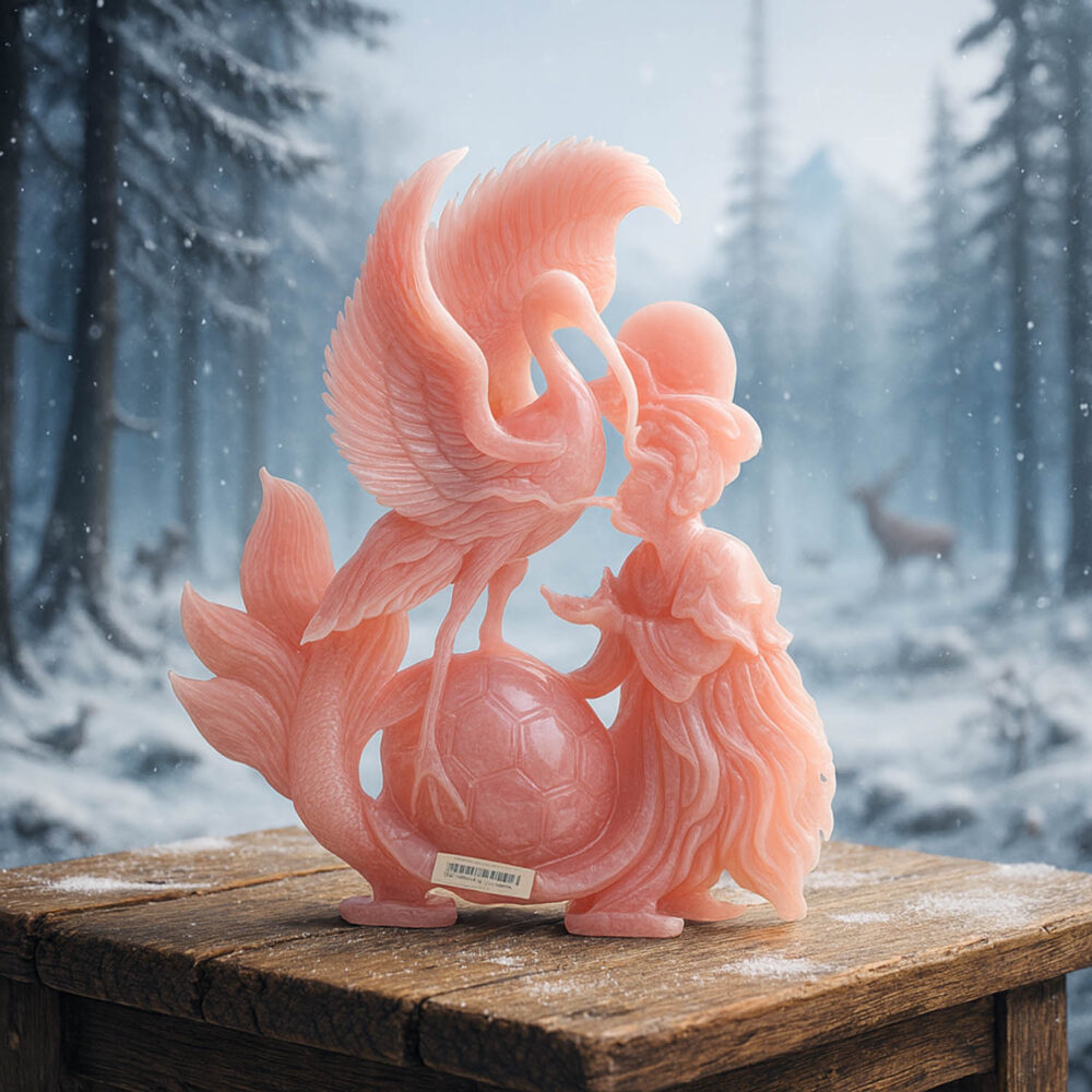Hand carved natural pink rose quartz sculpture depicting a phoenix or crane bird on a sphere