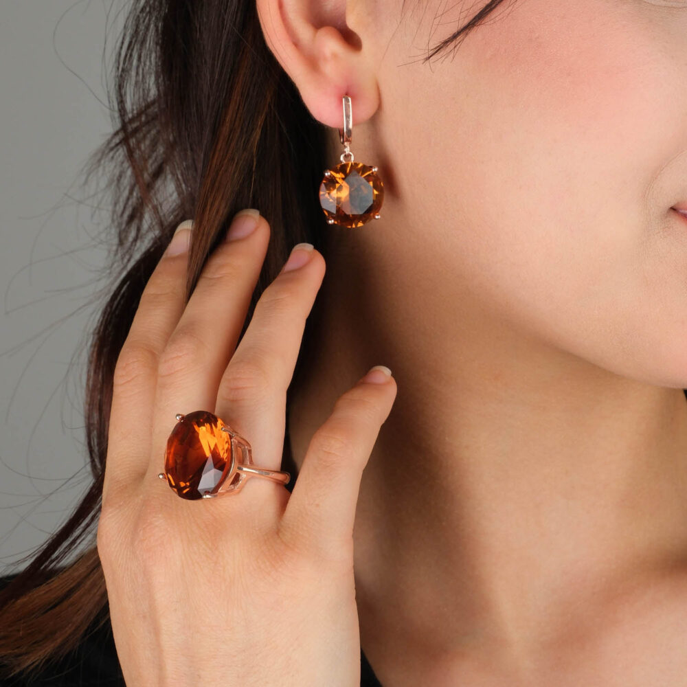 Rose gold plated 925 sterling silver ring and earrings set featuring large oval solitaire color changing zultanite gemstones