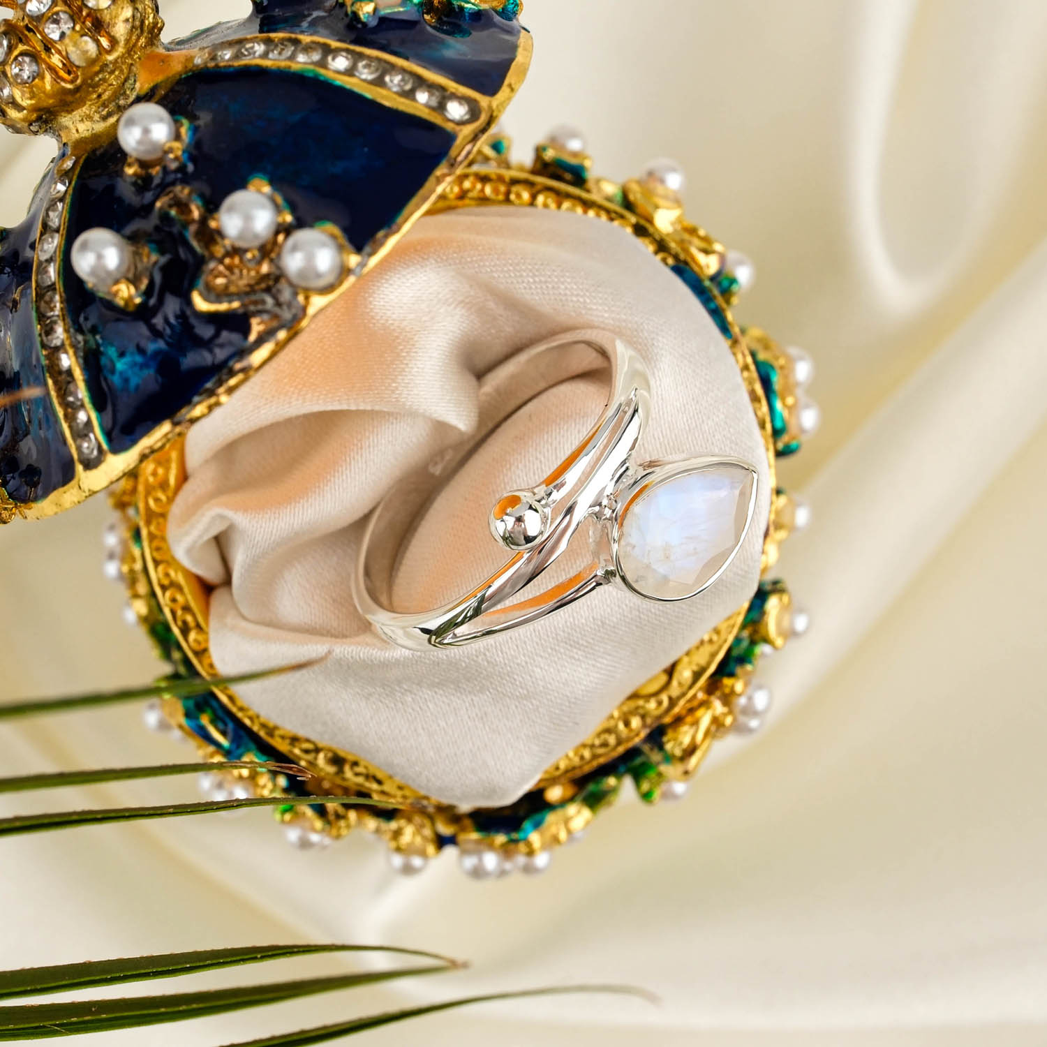 Moonstone pear cut gemstone bypass ring in 925 sterling silver