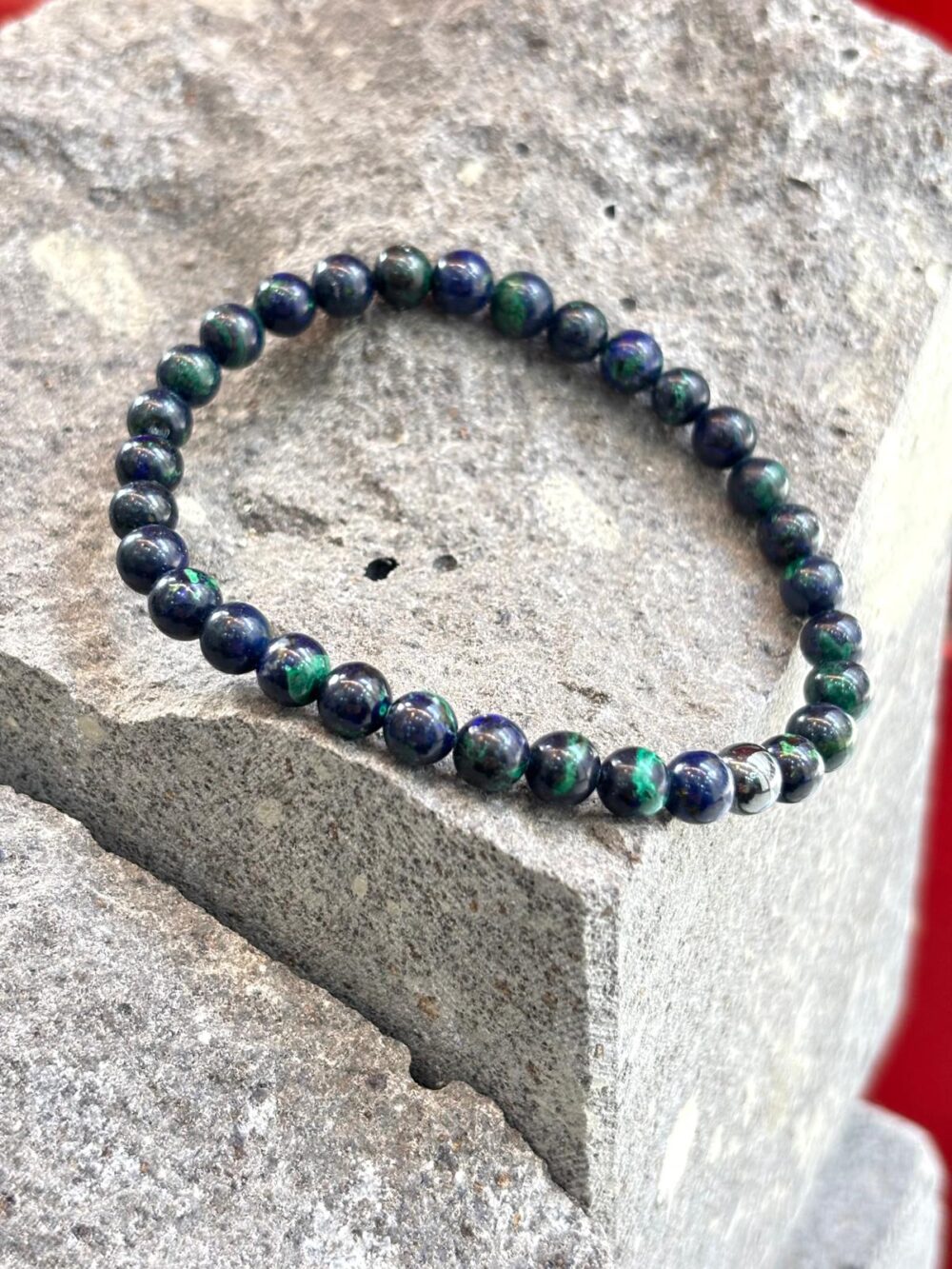 Natural round azurite beaded bracelet with deep blue and green malachite patterns