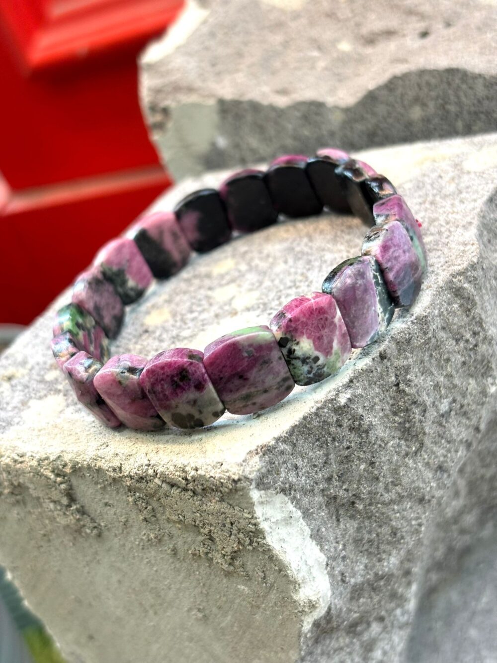 Natural ruby zoisite bracelet with flat rectangular rolex style beads showing green pink and black patterns