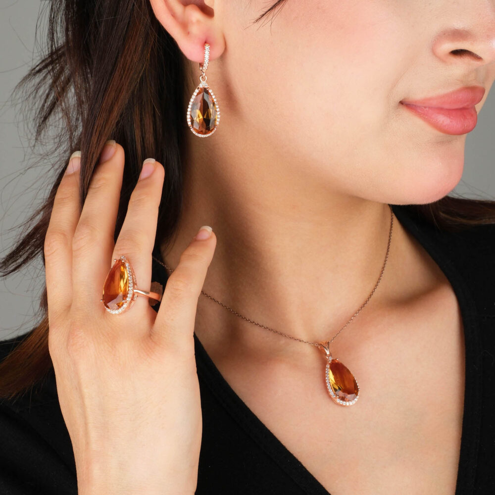 Rose gold plated 925 sterling silver jewelry set including ring earrings and necklace featuring pear cut color changing zultanite with halo