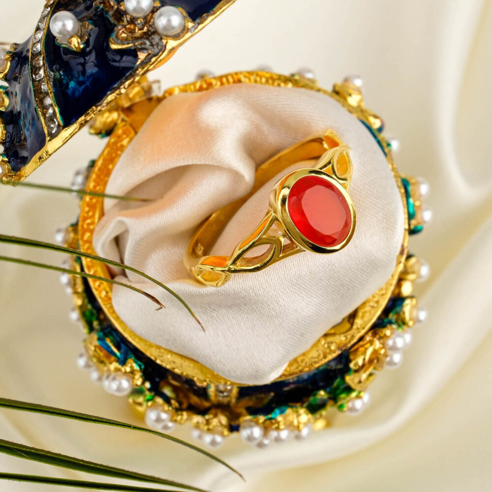 Red Agate (Carnelian) oval gemstone ring with cutout shank in gold plated silver