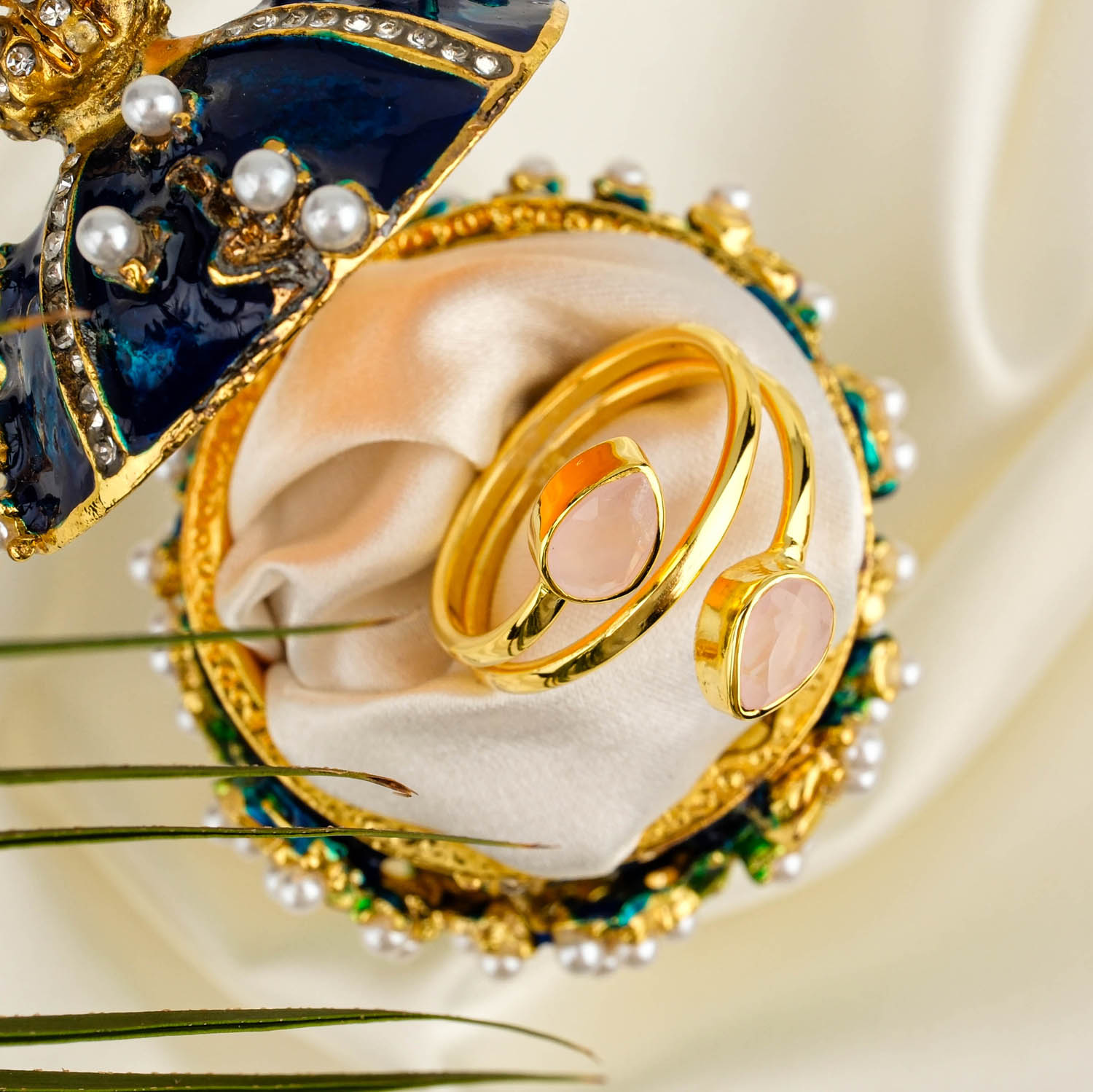 Rose Quartz double pear cut gemstone bypass ring in gold plated 925 sterling silver