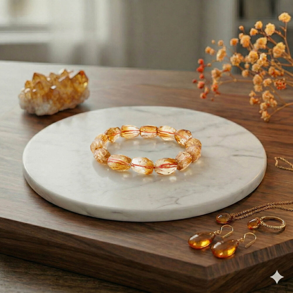 Premium 5A grade natural citrine beaded bracelet featuring special cut faceted golden transparent stones on a marble plate