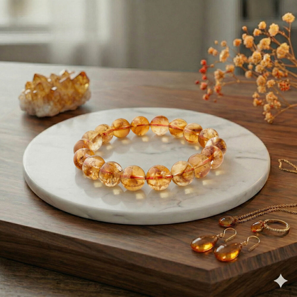 Premium 6A grade natural citrine beaded bracelet with 10 to 11 mm smooth round golden transparent stones on a marble plate