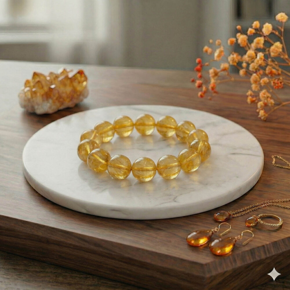 Premium natural yellow fluorite beaded bracelet featuring massive 14 to 15 mm smooth round golden transparent stones on a marble plate